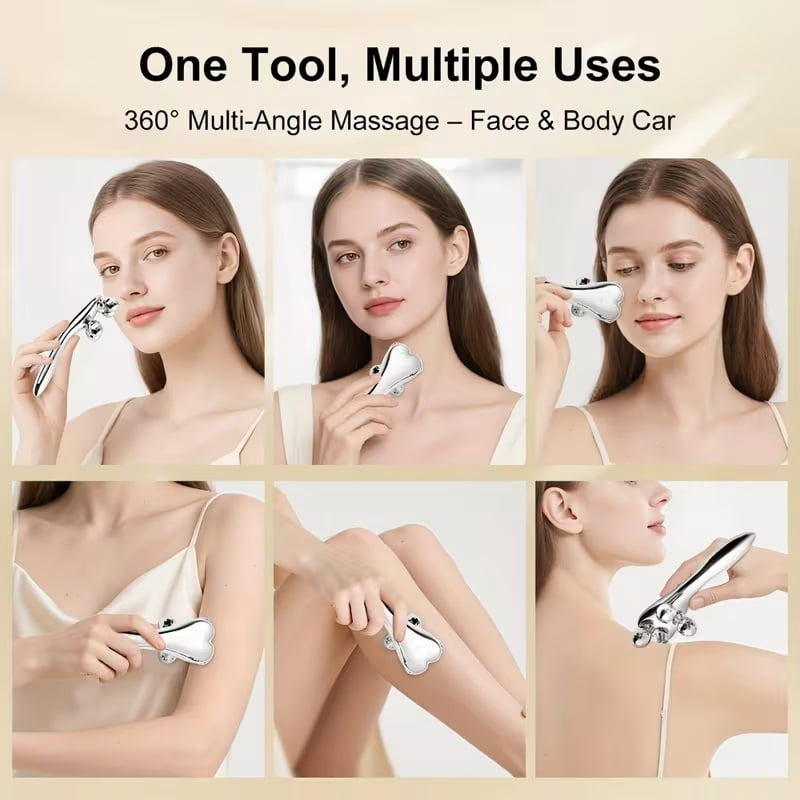 Portable manual facial massage roller, non-powered beauty and skin care tool, silver non-electric massager