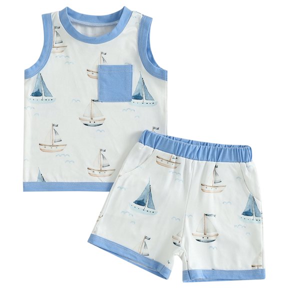 KPOPLK Boy Clothes Toddler Baby Boys Summer Outfits Set Sleeveless Cute Print T-Shirt Shorts 2Pcs Set 3 Months-3T Size 3-6 Months,Sky Blue