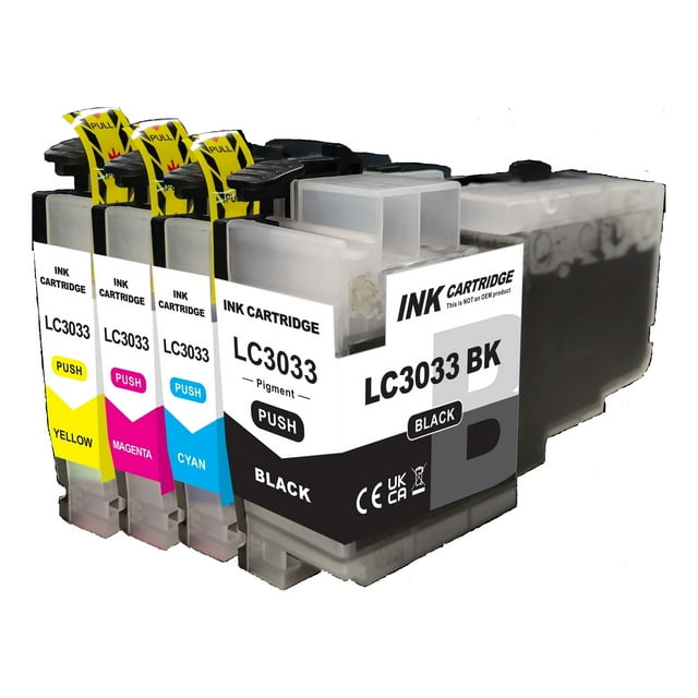 4 Ink (BK, C, M, Y) LC3033 XXL Compatible Ink Cartridge Extra High Yield for Brother LC-3033 by Max Saving. The set includes black, cyan, magenta, and yellow cartridges, designed for high-volume printing. Each cartridge is labeled with its respective color and features a push tab for easy installation.