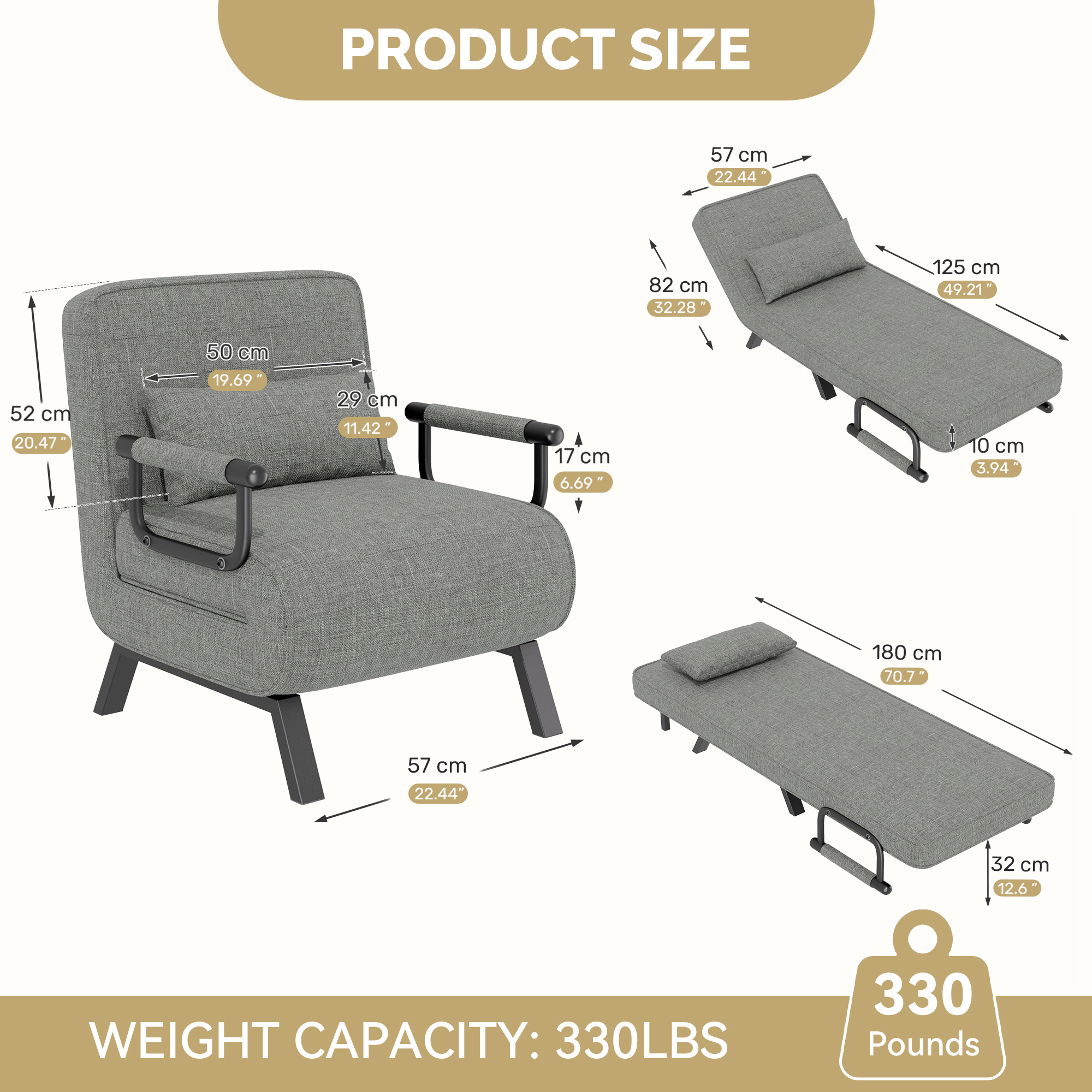Daluvenix 4 in 1 Convertible Sofa Bed Sleeper Chair with a Pillow, 5 Position Modern Single Person Chaise Lounge Couch , Linen Folding Bed for Living Room Office, Dark Grey