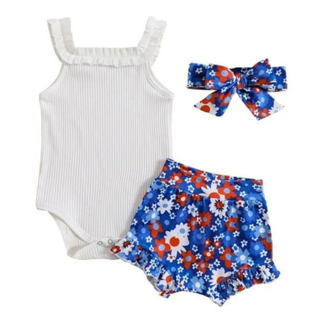 

Baby Girls 3 Piece Headband White Ruffle Onesie And Festive Floral Bloomer Set Size 6-12 Months