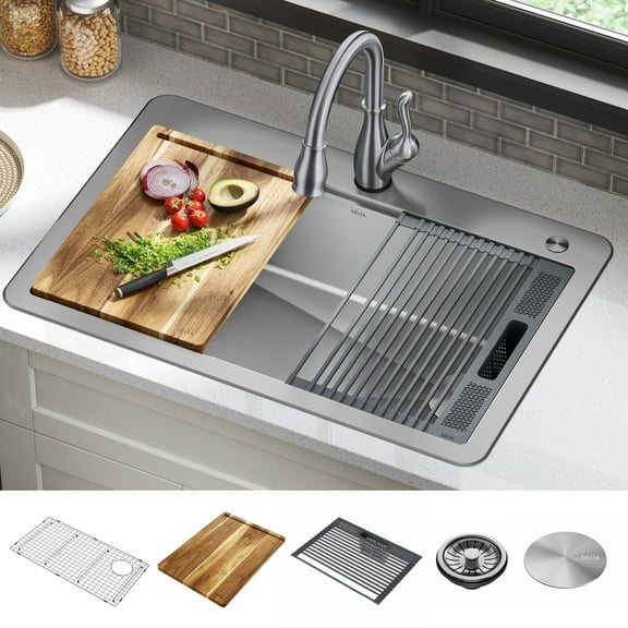 DELTA Lorelai 33 Workstation Kitchen SinkDrop-In Top Mount16 GaugeStainless Steel Single Bowl withWorkFlow Ledge and Accessories