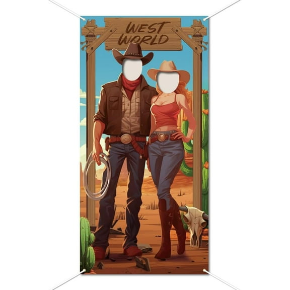 Western Party Photo Door Banner Backdrop Decor Large Fabric Photo Background Props Cowboy Face Photography Banner West Themed Birthday Party Game Favor Supply 70.9x35.4 Inch DIY