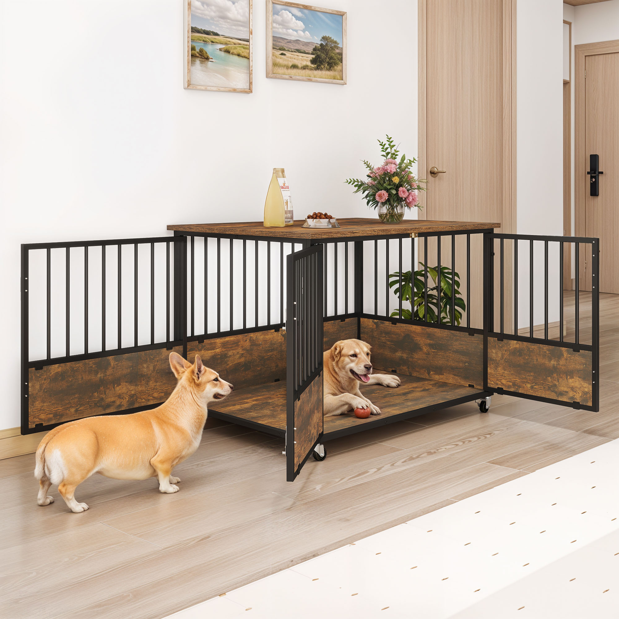Uforic 43" Rustic Brown Dog Crate Furniture with Wheels, Double-Door Kennel for Small/Medium/Large Dogs, Escape-Proof Indoor Pet Cage, Wooden End Table