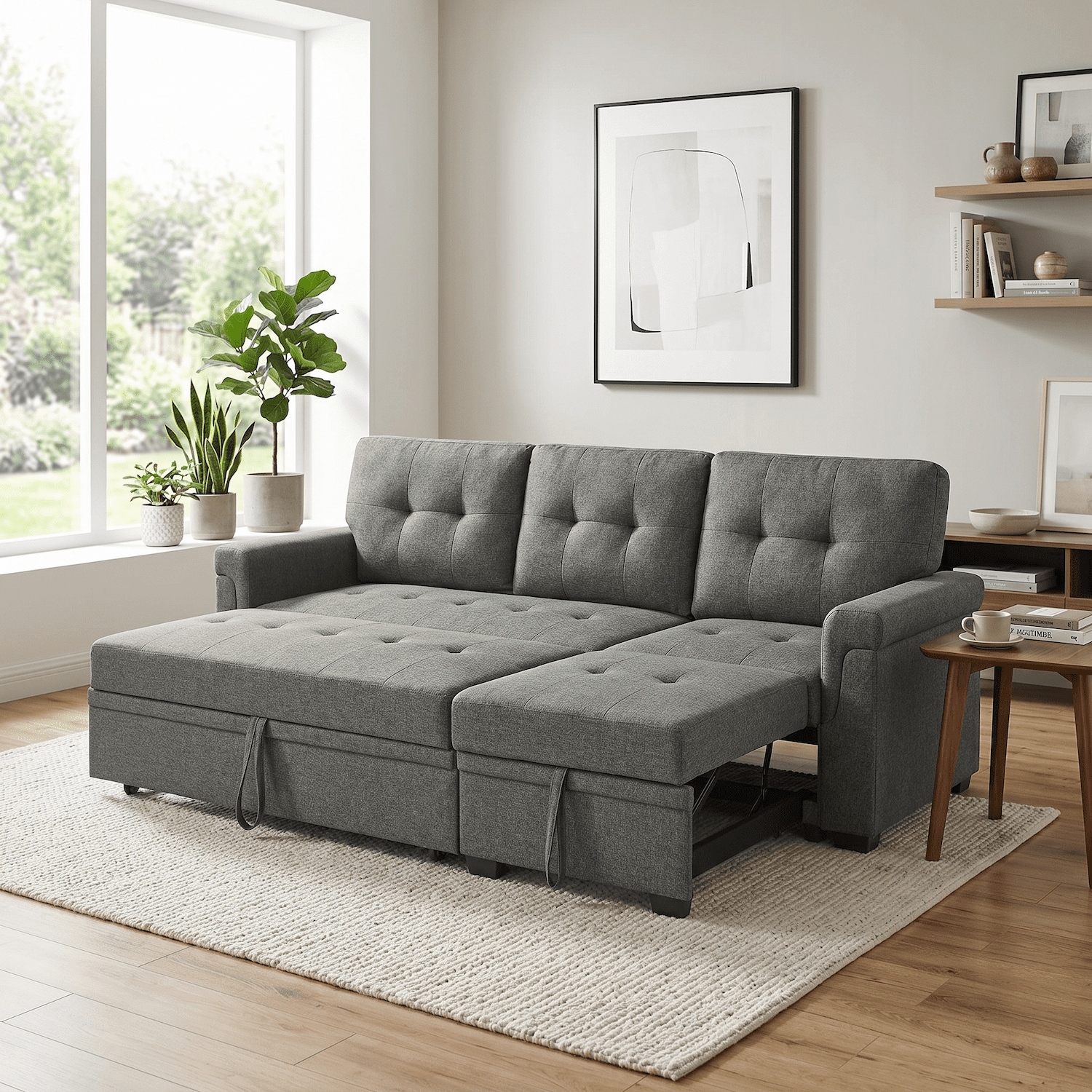 Convertible Sleeper Sofa Bed 86" L Shaped Sectional Couch with Pull Out Bed & Reversible Storage Chaise, Modern Linen Fabric Sofa Couch for Living Room Apartment (Gray)
