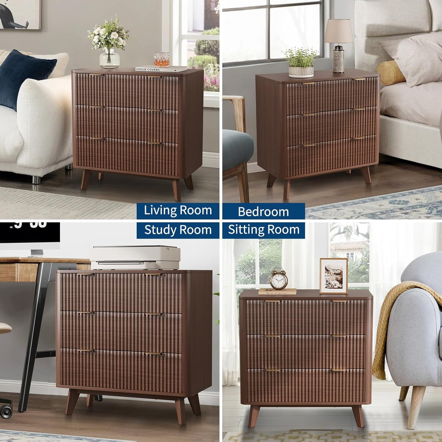 Garvee Farmhouse Nightstand for Living Room, 32" x 15.7" x 32", with 3 Drawers, Walnut Color