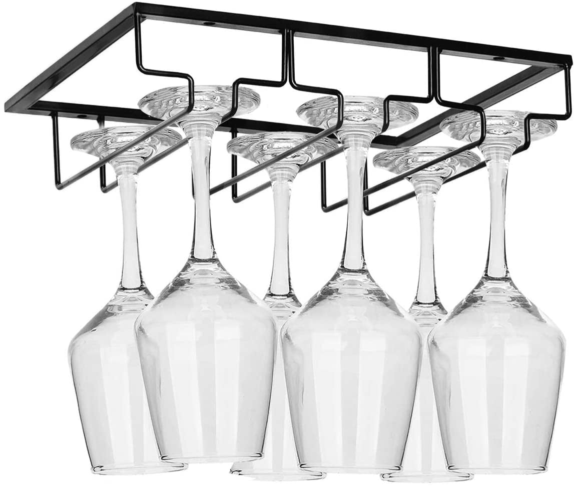 JIAYOUMIhome Wine Glass Rack Under Cabinet Stemware Holder Metal Wine Glass Organizer Glasses Storage Hanger for Bar Kitchen Black 3 Rows