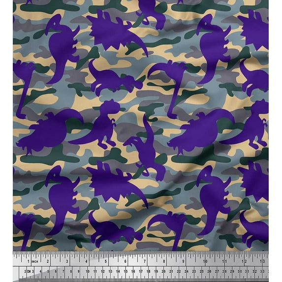 Soimoi Japan Crepe Satin Fabric Camouflage Texture & Dinosaur Animal Decor Fabric Printed Yard 42 Inch Wide