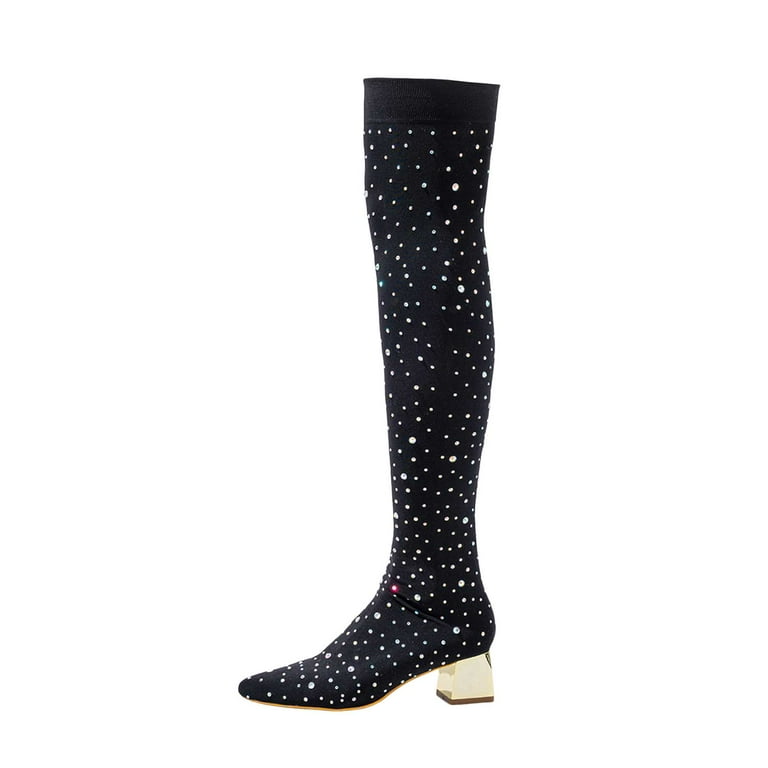 Mostsola Thigh High Boots for Women Pointed Toe Rhinestone Stretch