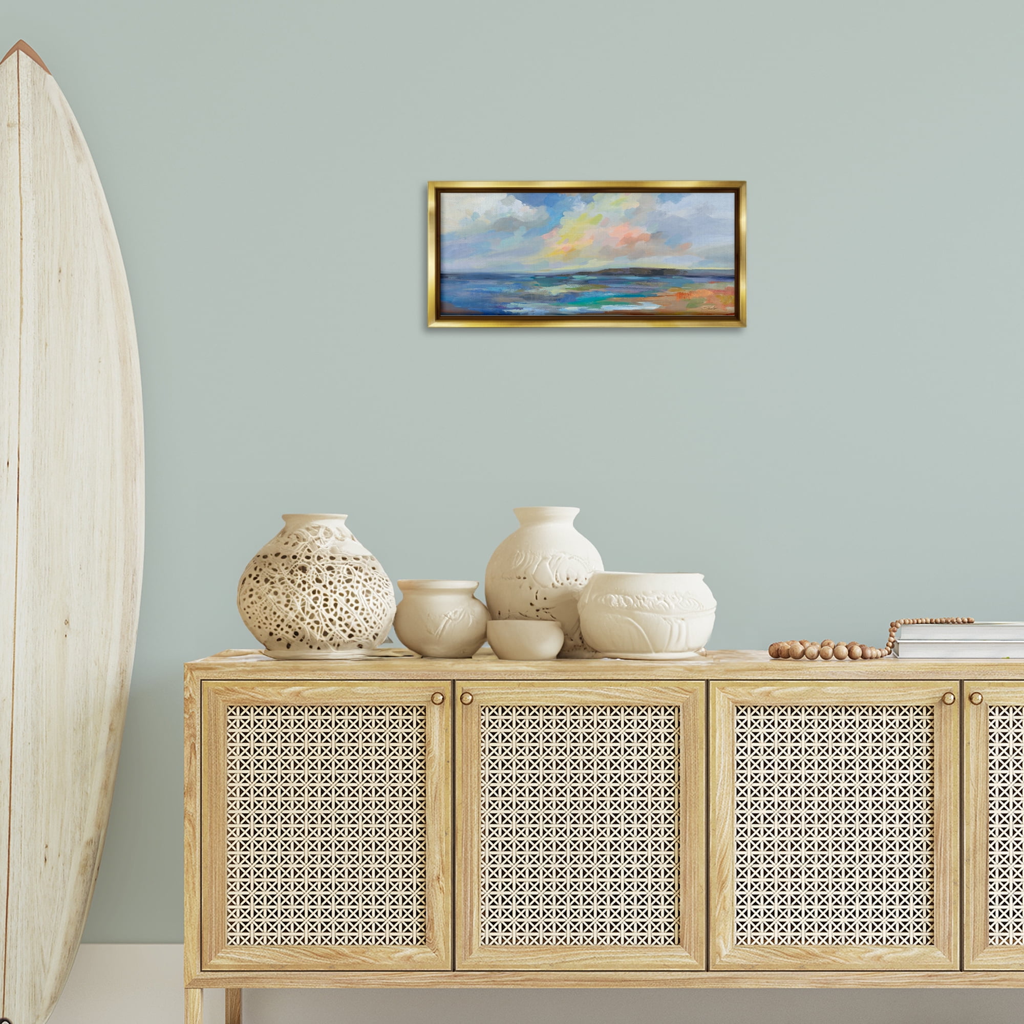 Stupell Industries Ocean Beach Sunset Landscape & Nature Painting Gold Floater Framed Canvas Art Print Wall Art, 25 x 11