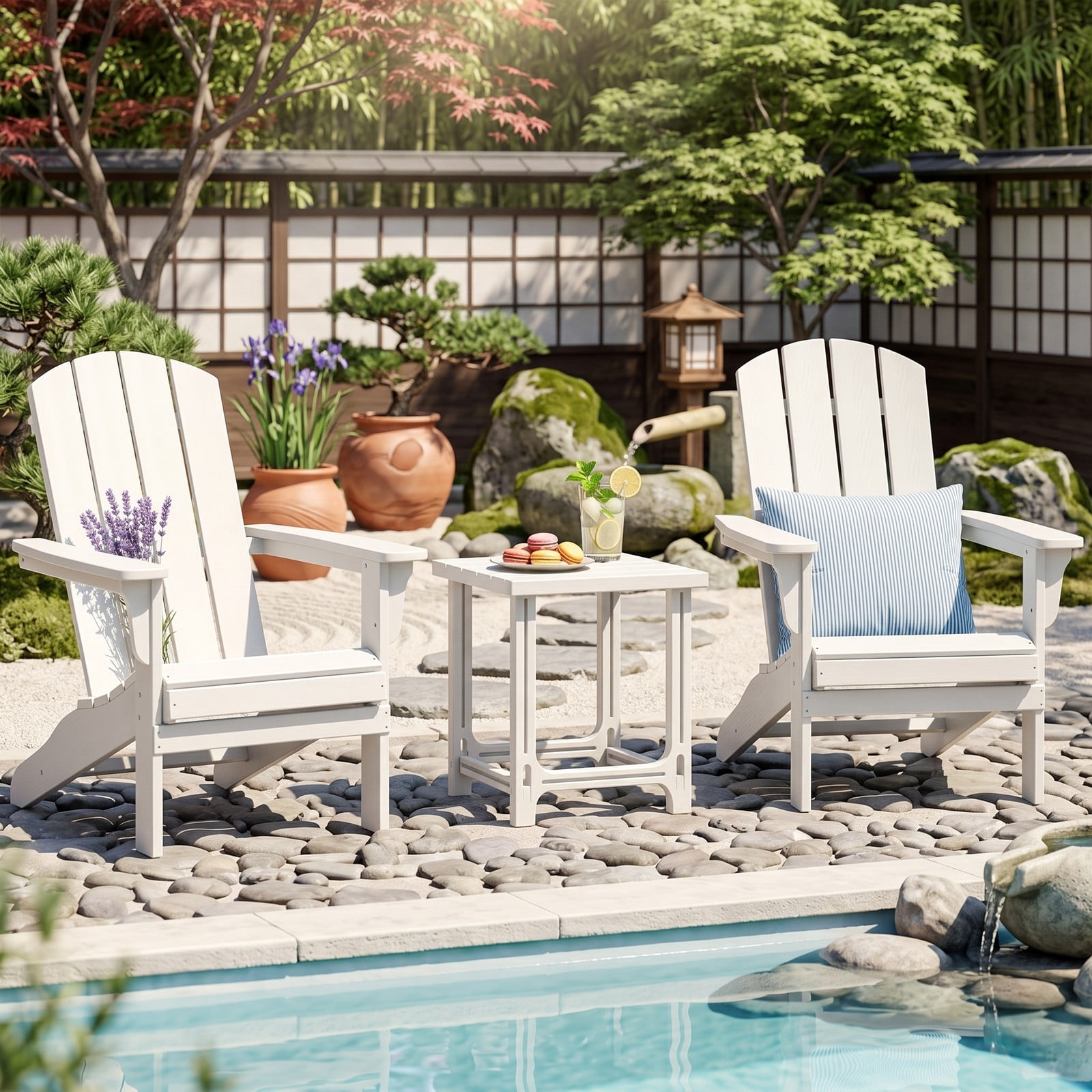 Furnibear Set of 2 18 Inch Square Outdoor HDPE Adirondack Side Tables with Slatted Top and X Panels for the Patio, White