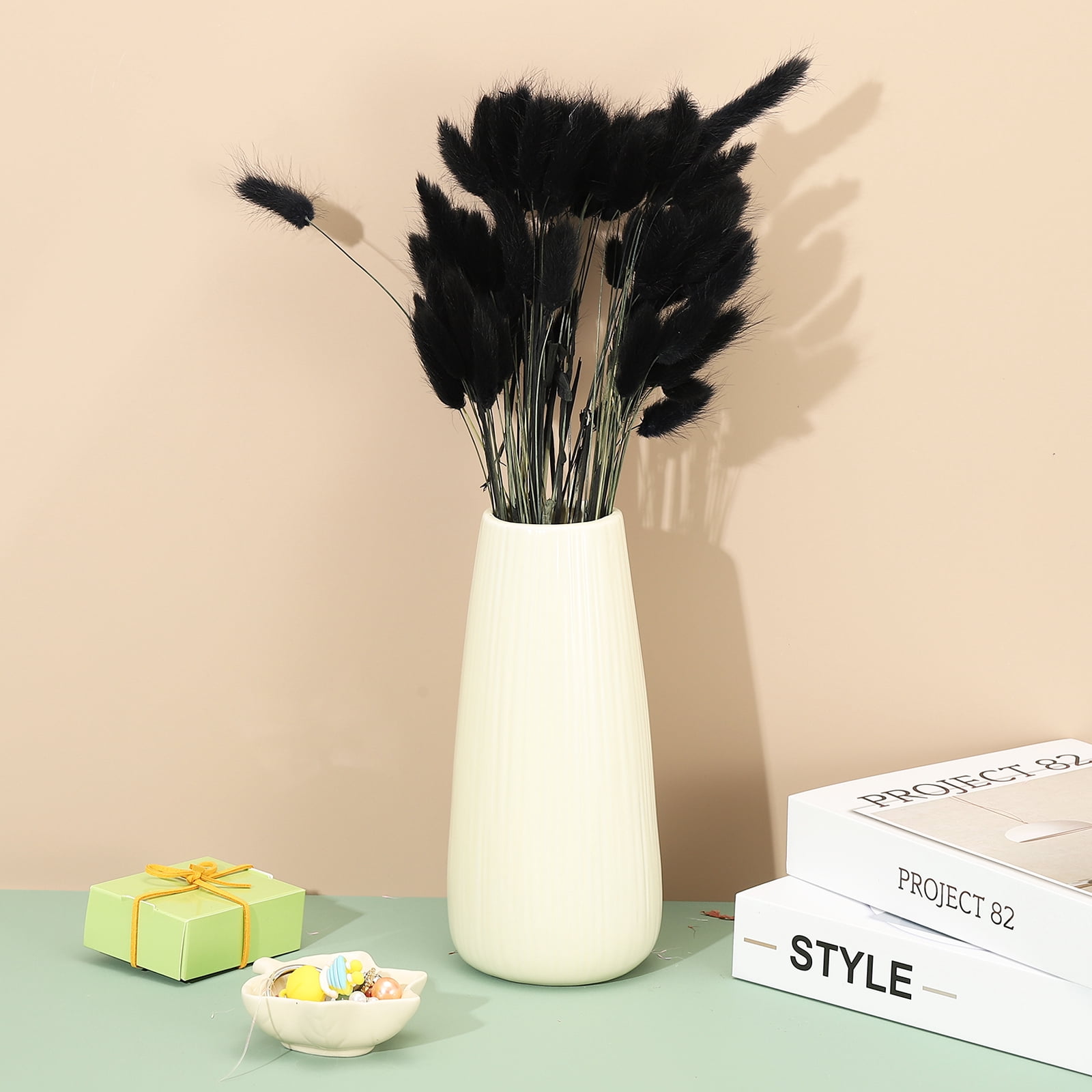 Uxcell 15.7in Bunny Tails Dried Flowers, 150pcs Pampas Grass Decor Rabbit Tail Natural Pampas Grass Bulk Fluffy Faux Pampas Grass Small Dried, Black
