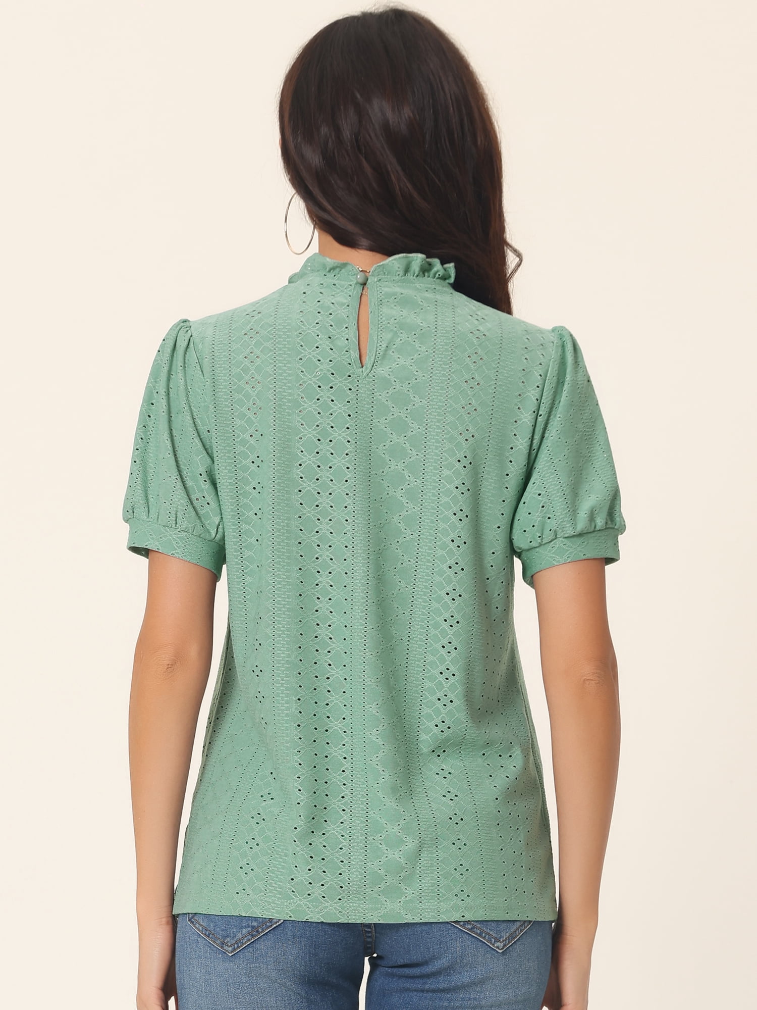 DARING DIVA Women's Puff Sleeve Eyelet Tops Back Button Down Blouses M Green