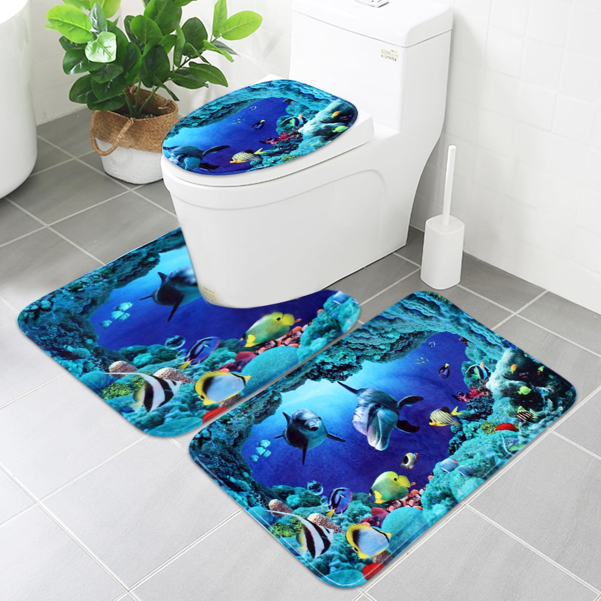 3Pcs Marble Print Bathroom Non-Slip Pedestal Rug+Lid Toilet Cover+Bath Mats Set 