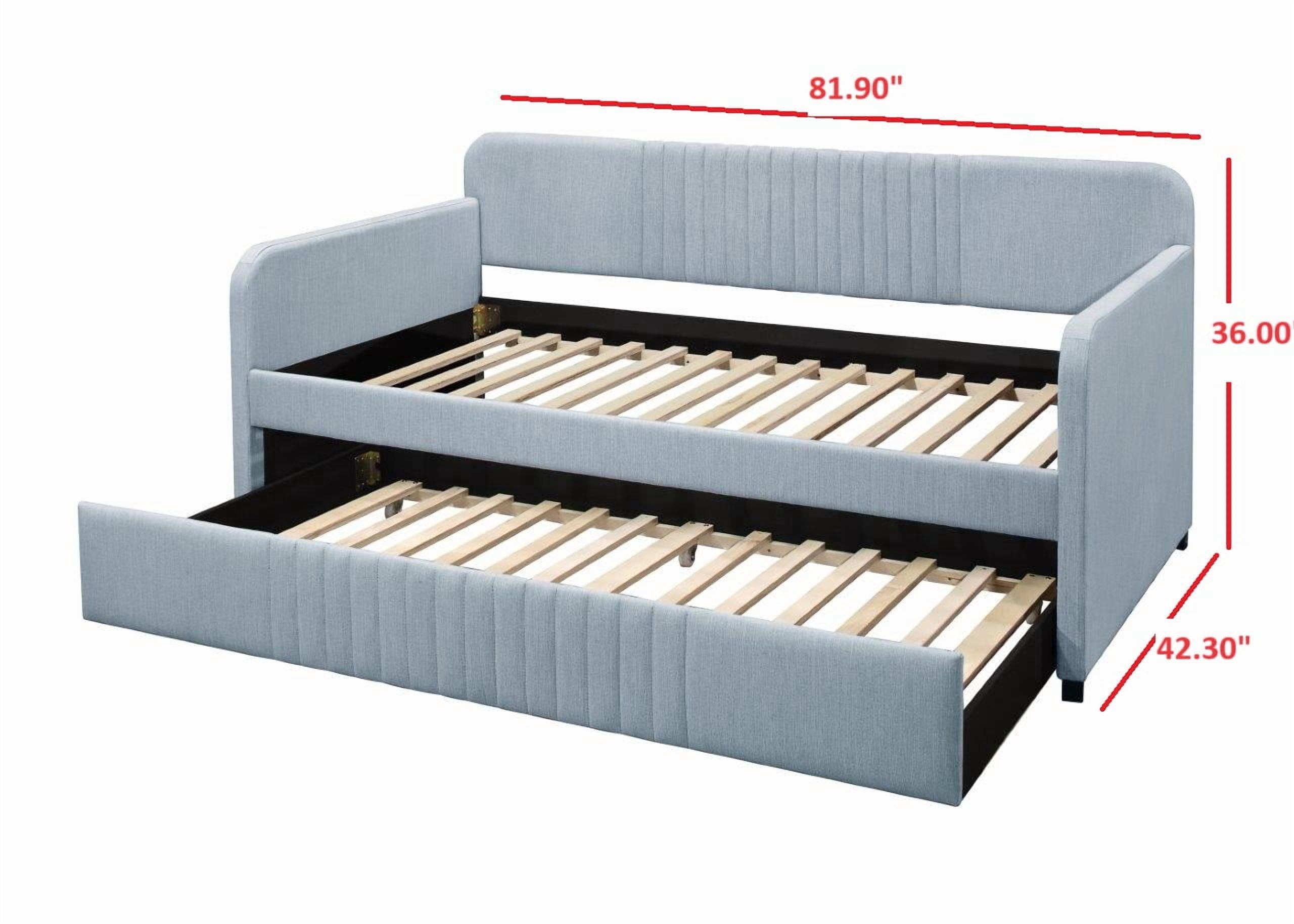 Home Design Amelia Twin Daybed with Linen Upholstery and Pull-Out Trundle, Track Arms, Rounded Backrest with Vertical Channel Tufting, Light Blue