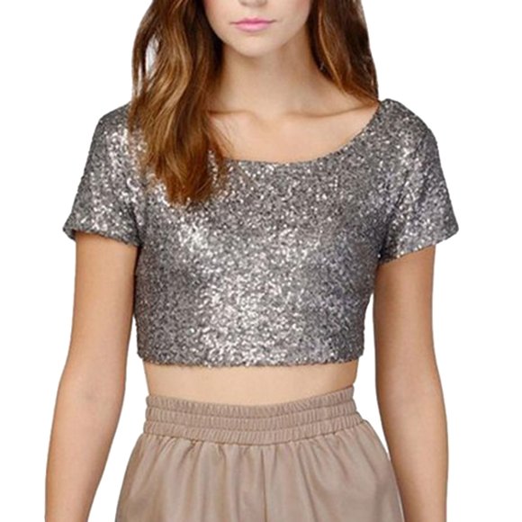JIRNDf Shirts For Women Summer Tops Trendy Sexy Sparkling Sequins Backless Crop Multicolor Womens Blouse Casual Tunic Tops Silver M