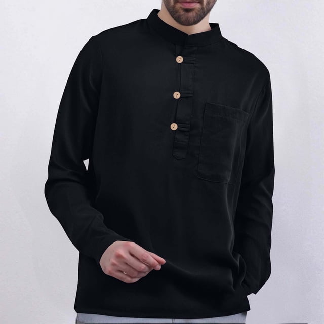 Blusa y camisa de manga larga con cuello alto para hombre, color liso, informal, holgada, a la moda, con botones y bolsillo, blusa de manga larga con cuello alto, blusa de poliéster para hombre