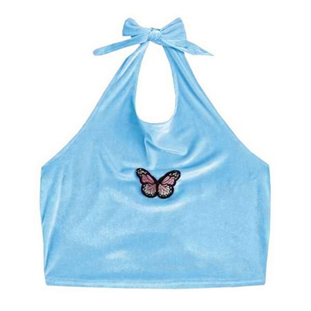 

AOOOWER Women Summer Velvet Crop Top Sexy Halter Bowknot Backless Camisole Butterfly Embroidery Solid Color Tank Vest Streetwear