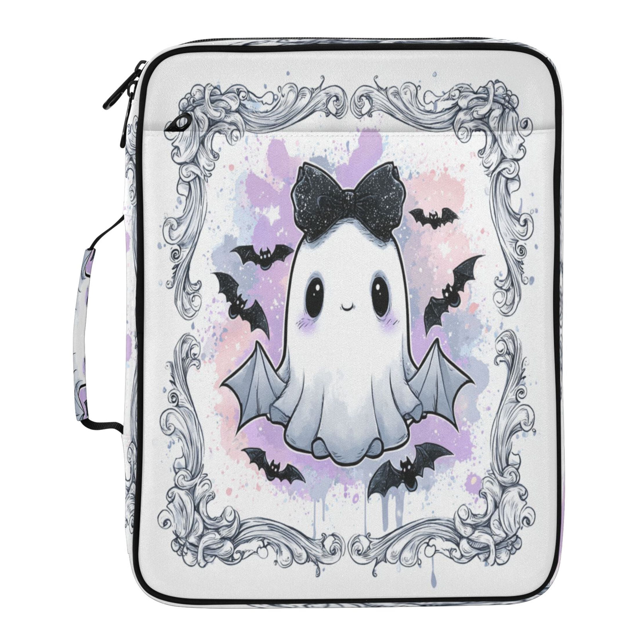 3 Ring Zipper Binder with Accordion File Organizer Waterproof Back to College Binder - 7 Layer Document Organizer for Study Home Office College Travel Supplies Cute Black Bow Ghost
