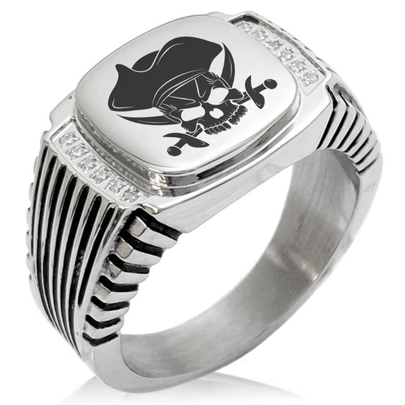 Stainless Steel Pirate Skull & Cross Swords CZ Ribbed Needle Stripe Pattern Biker Style Polished Ring