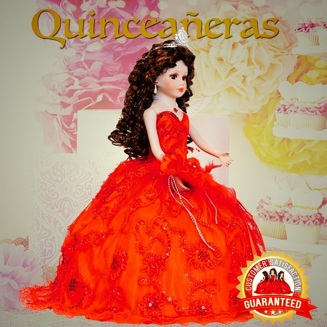 Kinnex Collections By Amanda Muñeca paraguas de quinceañera de porcelana de 18.0 in (Quince Anos) ~ Kk18725-14 ~ (rojo)