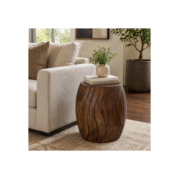 Sagebrook Home Carved Mungur Wood Side Table for Living Room Décor - Modern Drum-Like End Table for Bedroom and Office Styling - 18", Brown