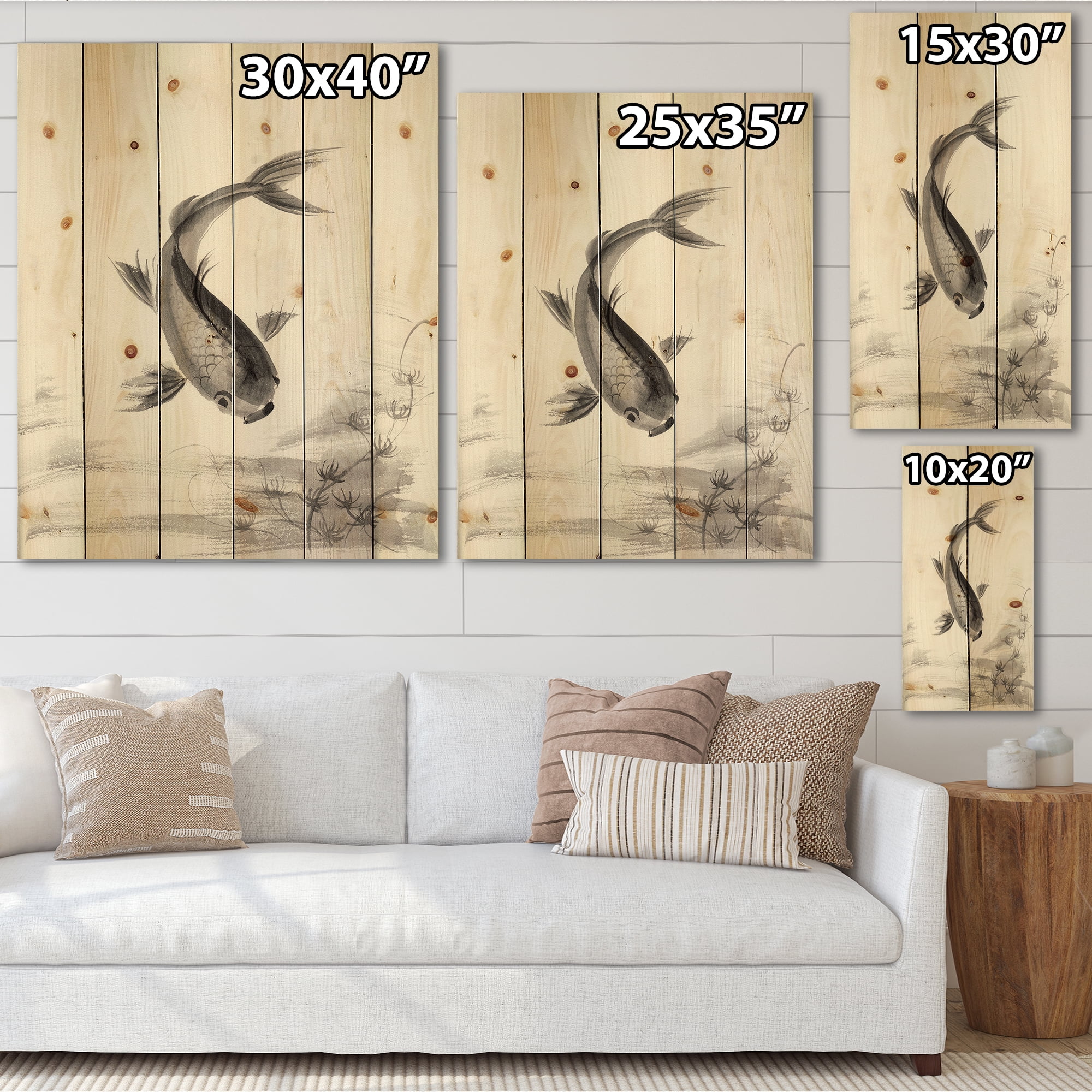 Designart 'Black and White Vintage Fish I' Nautical & Coastal Print on Natural Pine Wood