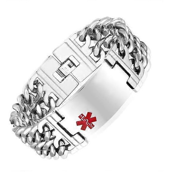 Free Engraving Wide Large Stainless Steel Medical Alert ID Bracelets Men Silver, Wrist Link Chain 8.9'/8.3'