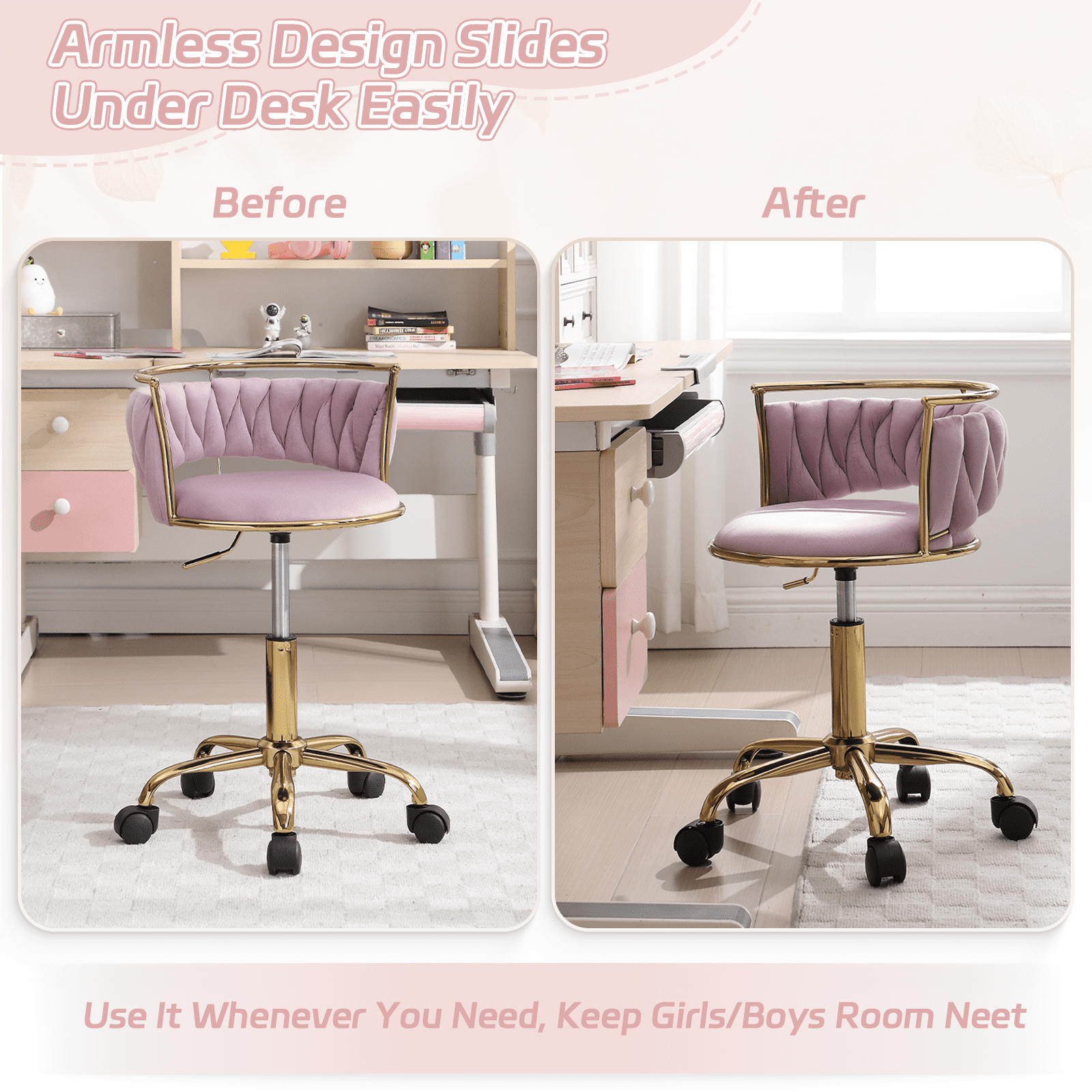 Guyou Kids Desk Chair, Velvet Rolling Swivel Children Chair, Adjustable Student Task Chair, Curved Woven Backrest Vanity Chair for Bedroom Dormitory Children Gifts, Light Purple