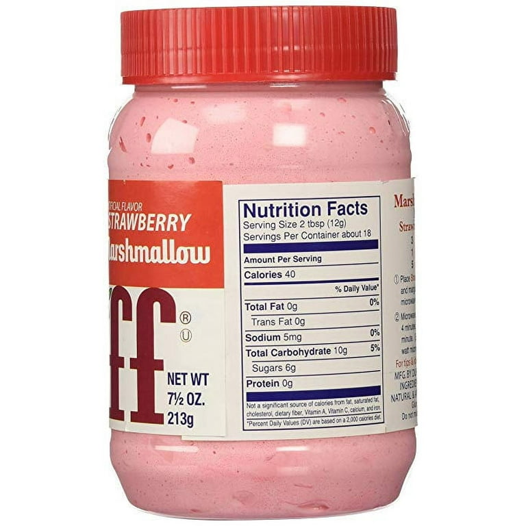 Tip: Marshmallow fluff only has 40 calories and 6g sugar/2tbsp (much less  than most jellies) is made with only 4 ingredients, and taste much better  imo. 2tbsp pb, 2tbsp fluff, 2 rice