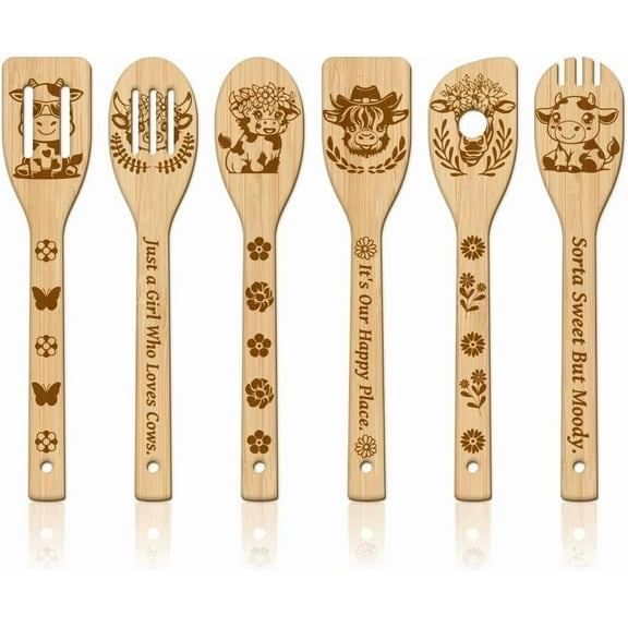 6Pcs Farm Cow Wooden Spoons Utensil Set Bamboo Carving Kitchen Cooking Utensils Wooden Engraved Cooking Spatula Set for Women and Men for Kitchen Fun House Warming Gift Colorful