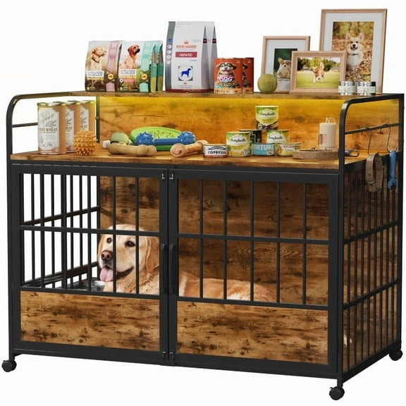 Homall 44.1" Wooden Furniture Style Crate for Dog with Dual Desktops, Rounded Side Armrests, Multi-Color LED Lights