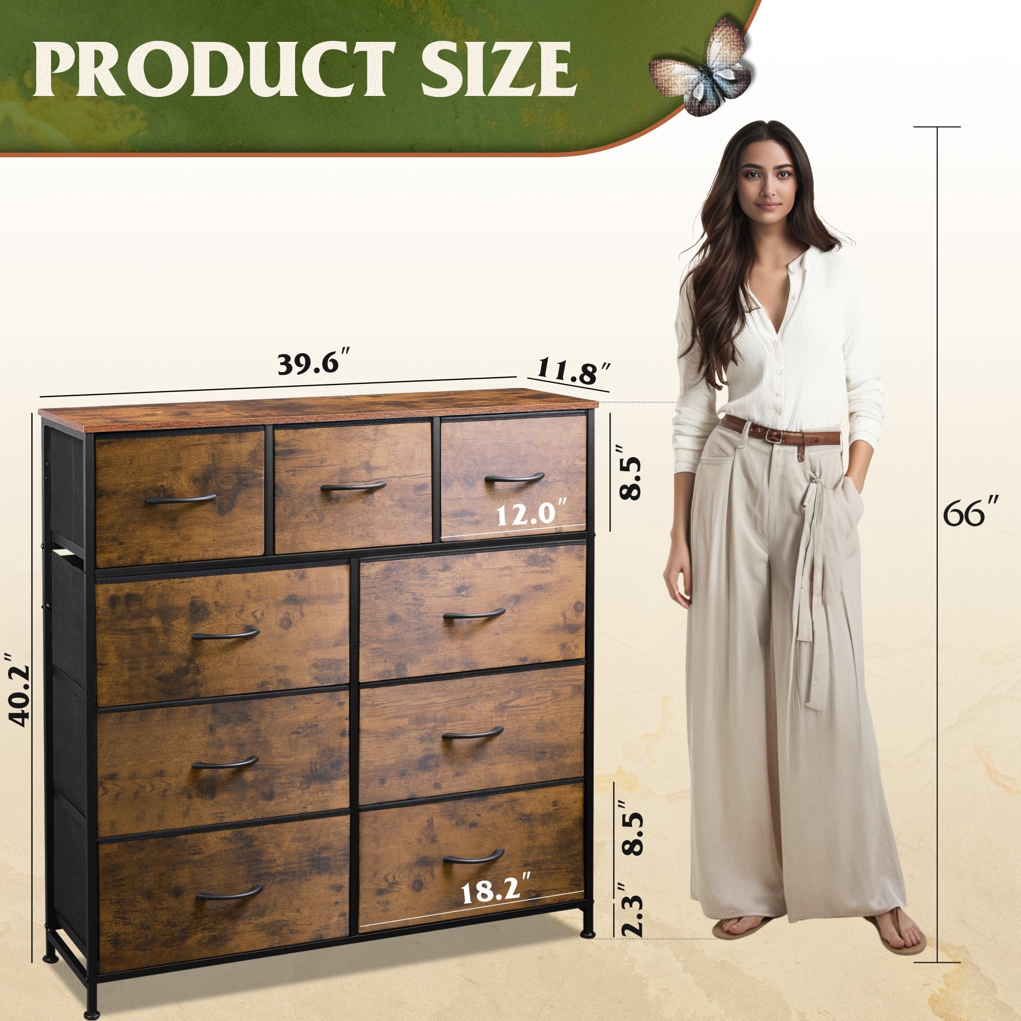 GALAXHERO 9-Drawer Fabric Dresser, Tall Storage Tower for Bedroom, Hallway, Entryway, Closet, Chest Organizer Unit with Fabric Bins, Steel Frame, Wood Top, Rustic Brown Wood Grain Print