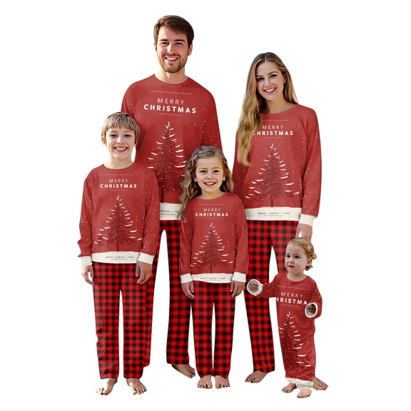 Youpwaven Family Matching Christmas Pajamas Sets, Long Sleeve Merry Christmas Tree Print Tops and Plaid Pants, Red Holiday Matching Sleepwear Sets for Couples Family Women Men K'i'ds B'a'by