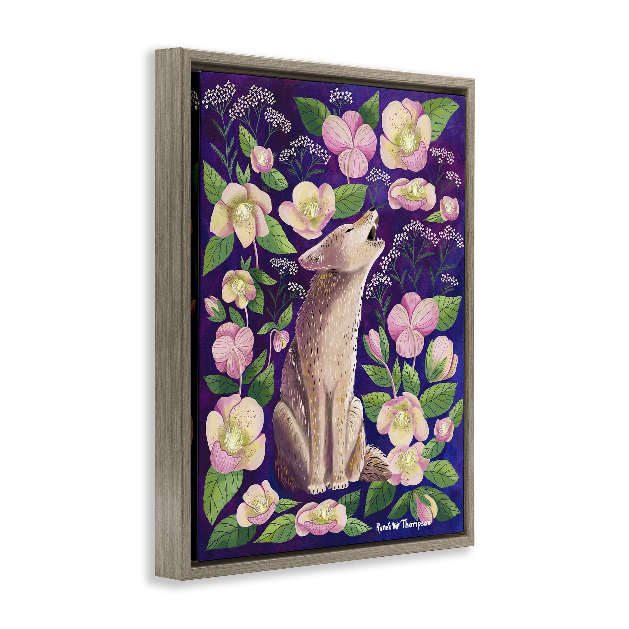 Stupell Industries Coyote & Pink Florals Animals Painting Brown Floater Framed Canvas Art Print Wall Art, 17 x 21