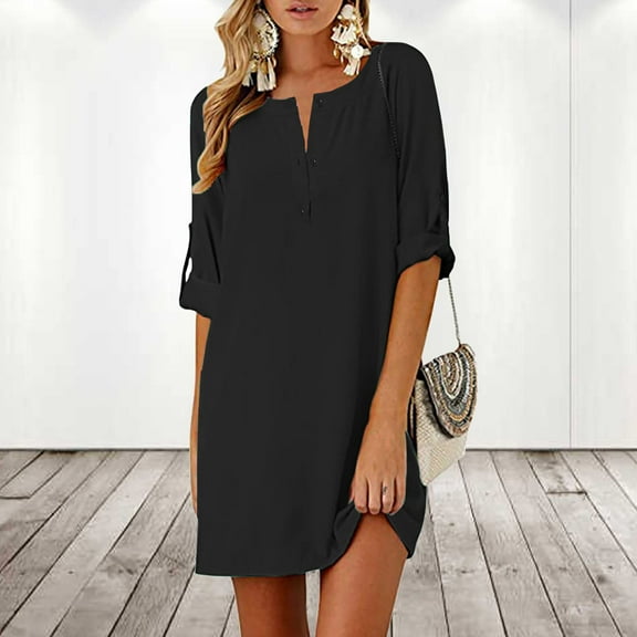 Meichang Linen Shirt Dresses for Women Summer Button Neck Roll Up Cuffed Sleeve Mini Dresses Solid Loose Fit Tshirt Dress