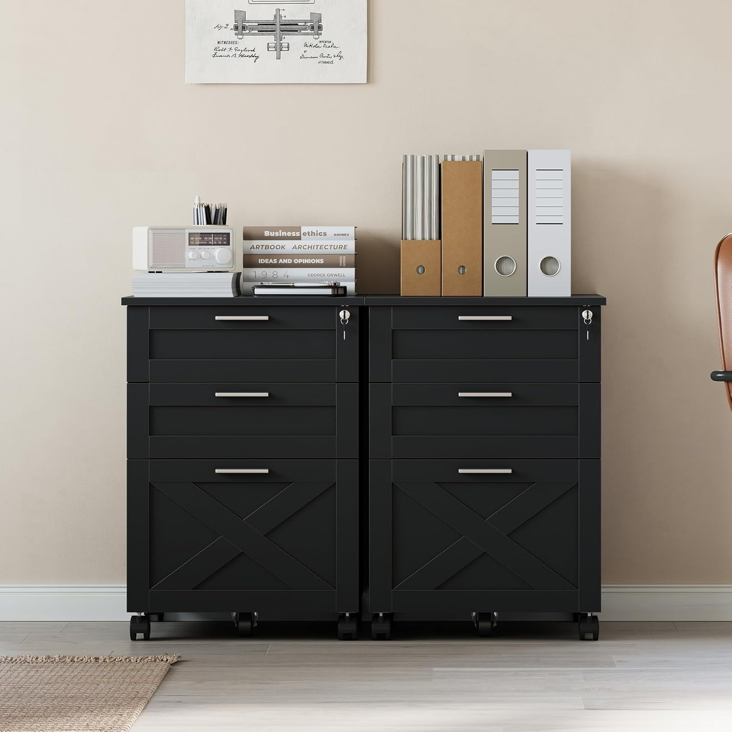 3-Drawer File Cabinet with Lock, Mobile Under Desk Filing Cabinet for Home Office, Wood Storage Organizer for Letter/a4/Legal Size Documents, Black