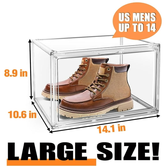 Transparent Acrylic Shoe Display Case with Lids, Clear Plastic Stackable Storage Boxes for Sneakers, Boots & Handbags, Size 14