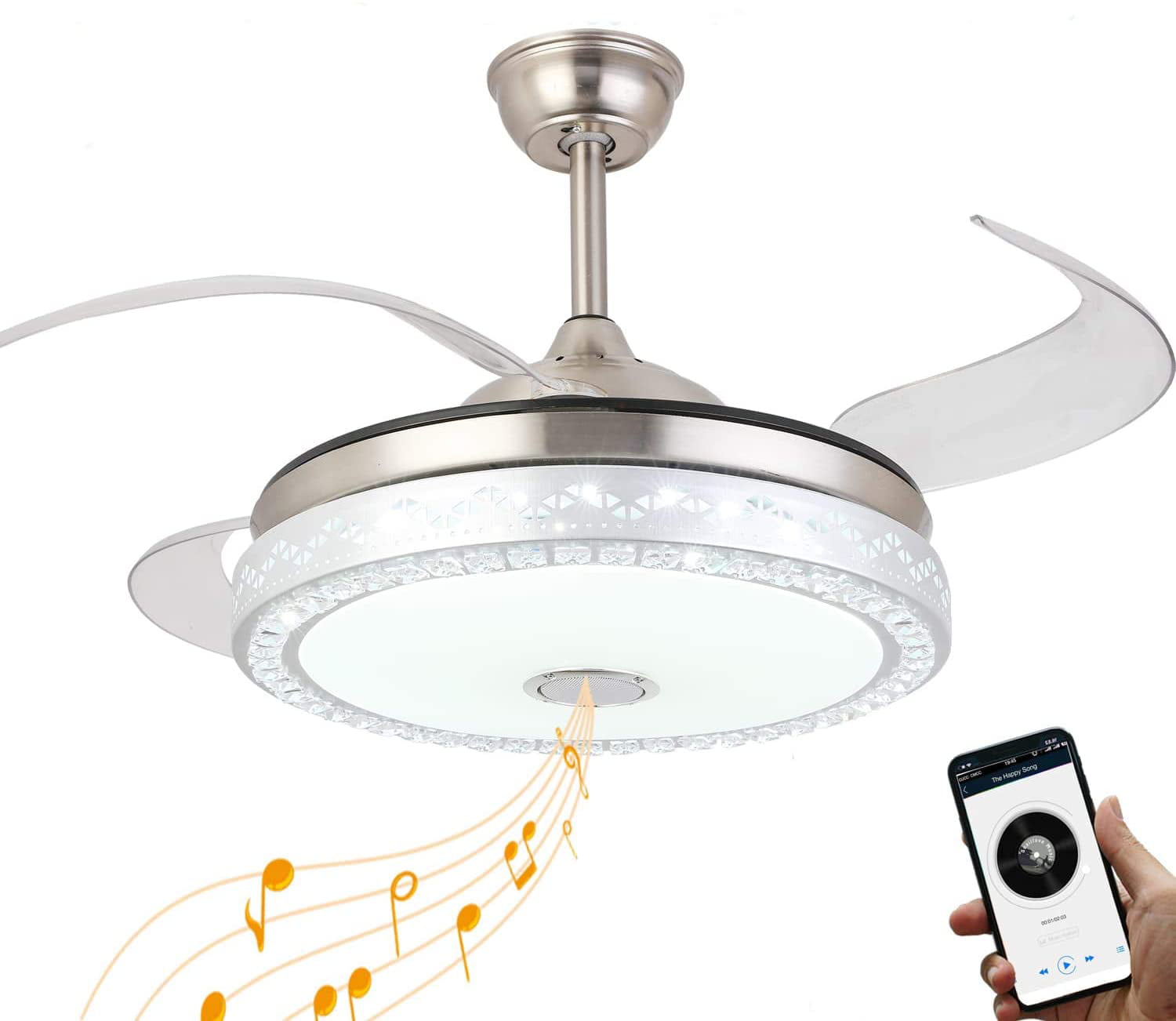 Invisible Silent Chandelier Ceiling Fan with Speaker 7 Changing Color 36W 42 Inch Modern Retractable Ceiling Fan Light with Remote
