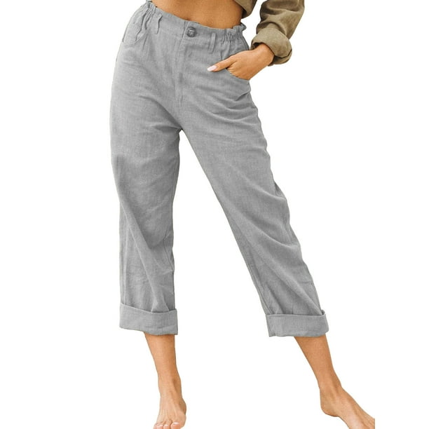 Women Linen Capri Pants Button Cropped Pants Summer High Elastic Waist ...