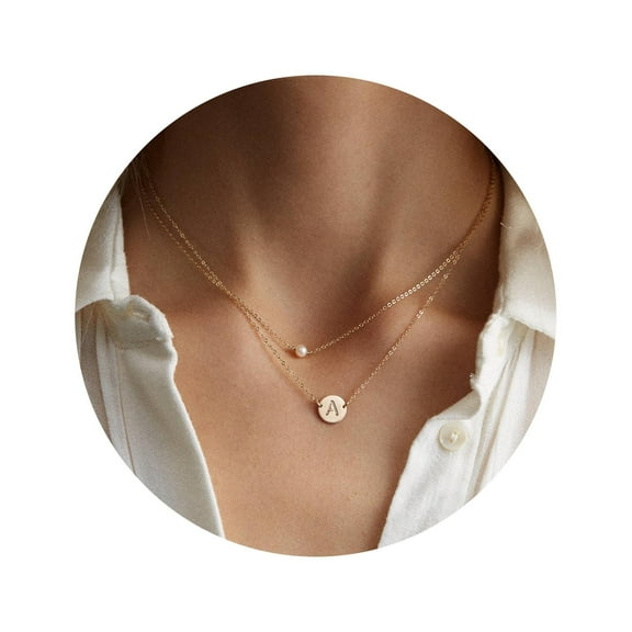 IEFSHINY Layered Initial Pearl Necklaces for Women, 16K Gold Plated Dainty Pearl Initial A-Z Pendant Necklace Jewelry