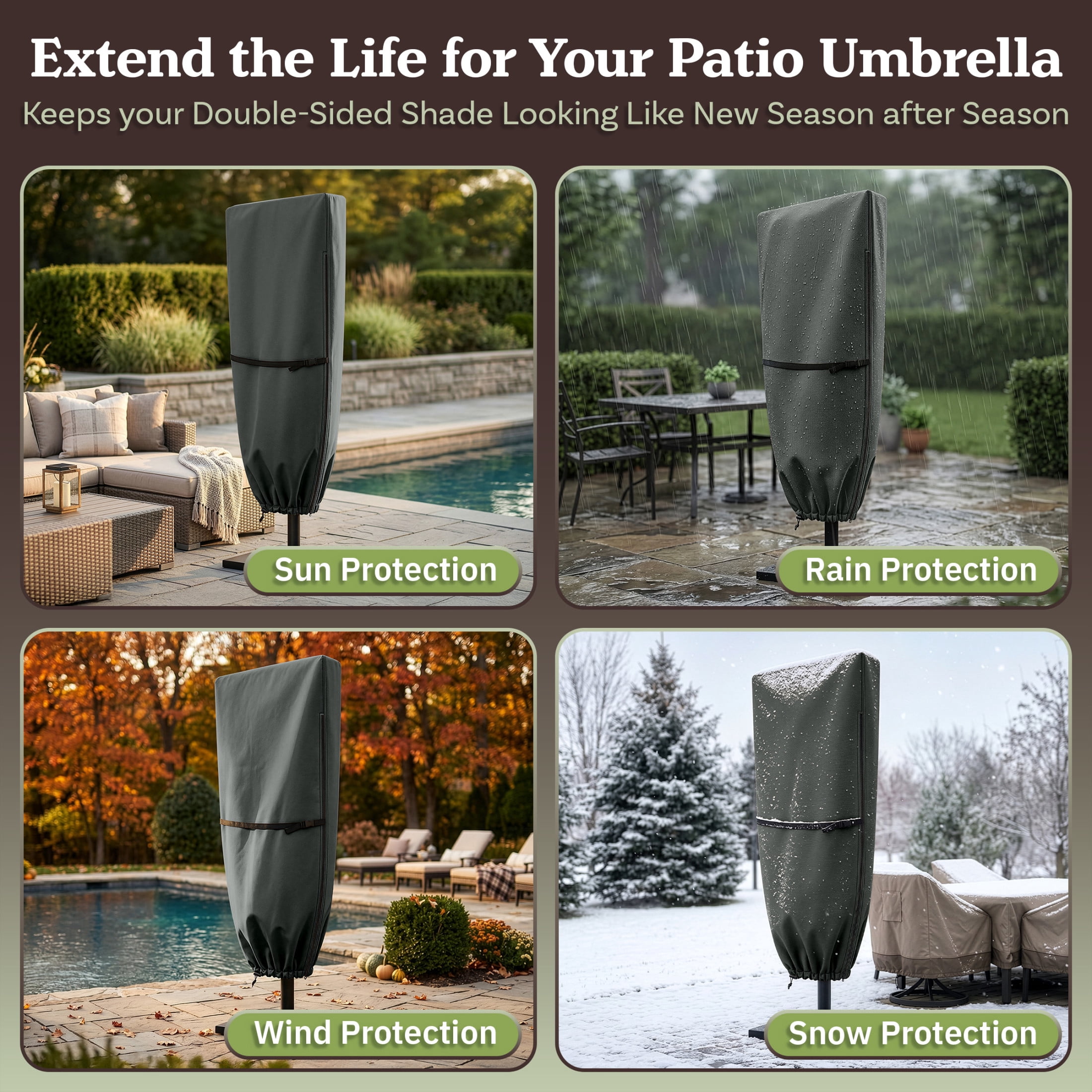 Pure Garden Waterproof Large Umbrella Cover for 15ft Double Sided Outdoor Umbrella, Gray
