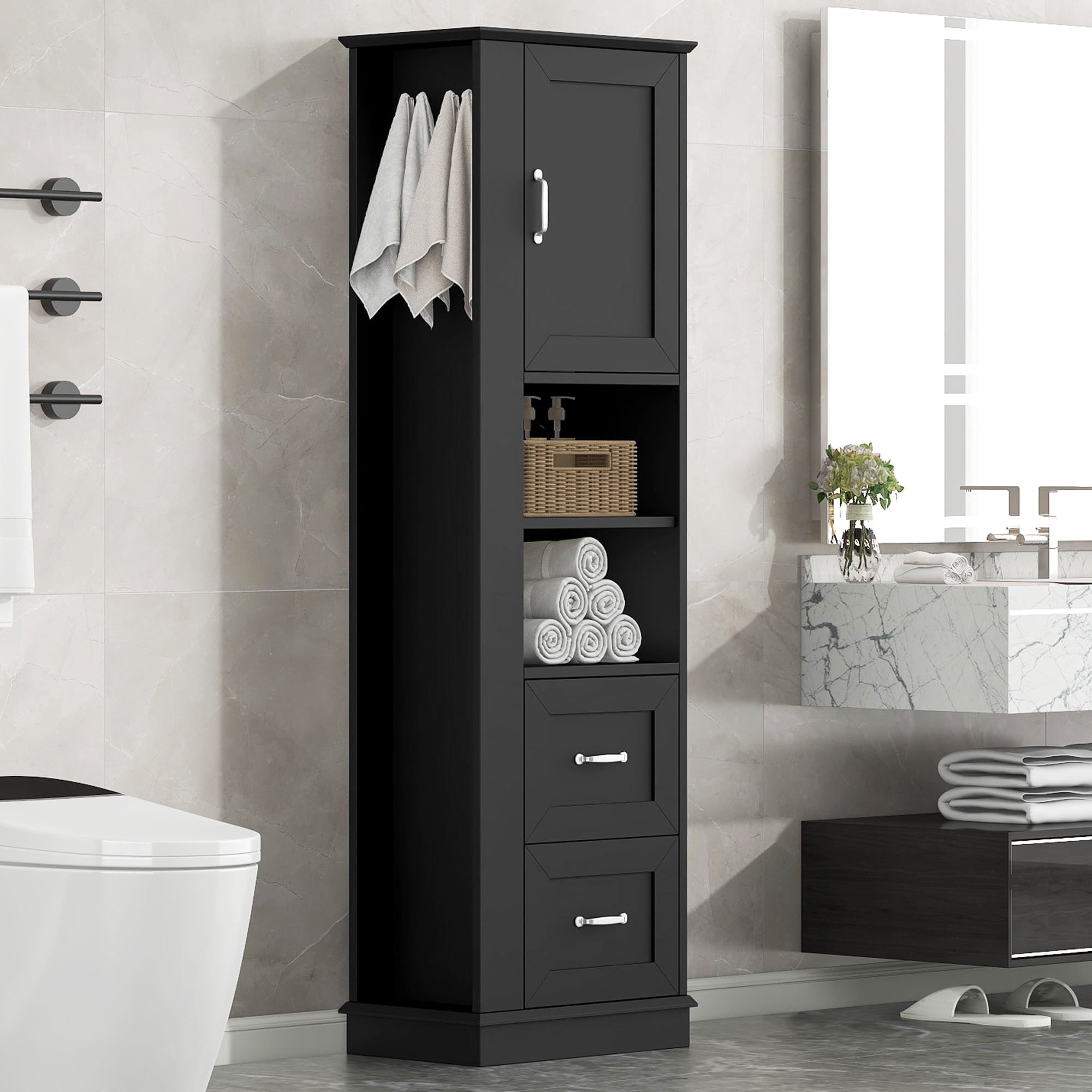 Tall Bathroom Storage Cabinet, Freestanding Storage Cabinet with Hook and Adjustable Shelf, MDF Board, Black, Upper Door Cabinet with Built-in Shelf and Lower Two Drawers