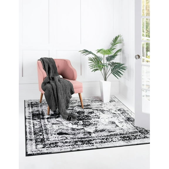 Rugs.com Monte Carlo Collection Rug – 6' Square Black Medium Rug Perfect For Living Rooms, Kitchens, Entryways