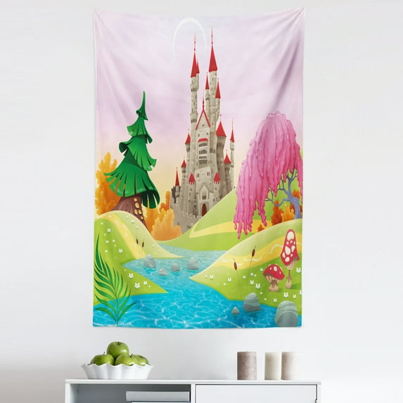 Cartoon Tapestry, Themed ish Graphic with Castle in Dreamy Forest River Mushrooms, Fabric Wall Hanging Decor for Bedroom Living Room Dorm, 5 Sizes, Pink Green, by Ambesonne