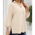 thumbnail image 3 of Camisa con botones para mujer, cuello en V, color puro, manga tres cuartos, camisa con cuello en V y botones para mujer, color albaricoque M, 3 of 6