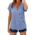 thumbnail image 2 of Favoffer Women's Plaid Pullovers V Neck Short Sleeve Button Placket Grid Weave Loose Silhouette Daily Shirts Picnic Gathering Weekend Rest, 2 of 8