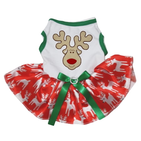 Petitebelle Reindeer Face Puppy Dog Dress (White/Red Deers X-Small)