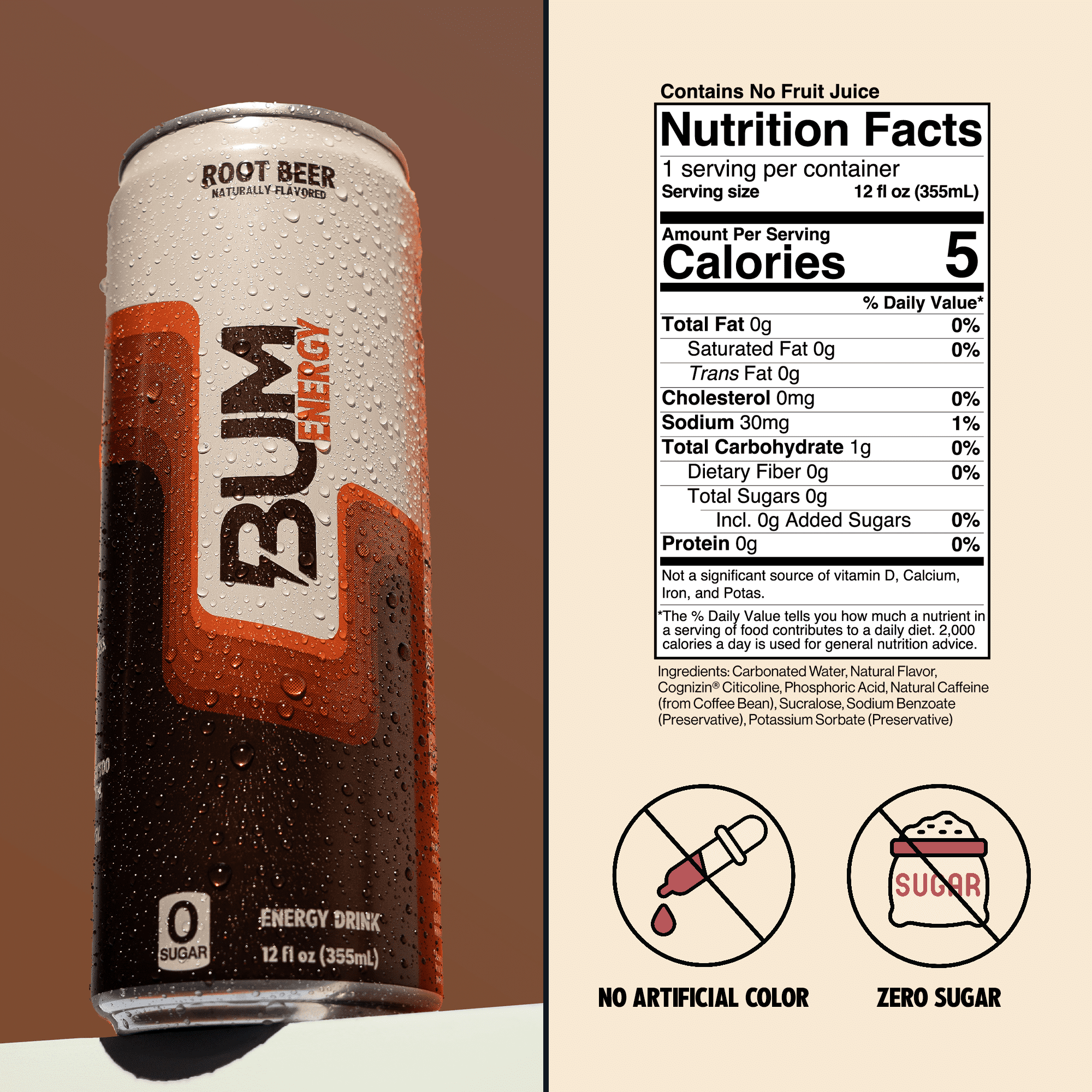 Bum Energy Root Beer Energy Drink, 112 mg Natural Caffeine, 12 fl oz, 12 Pack