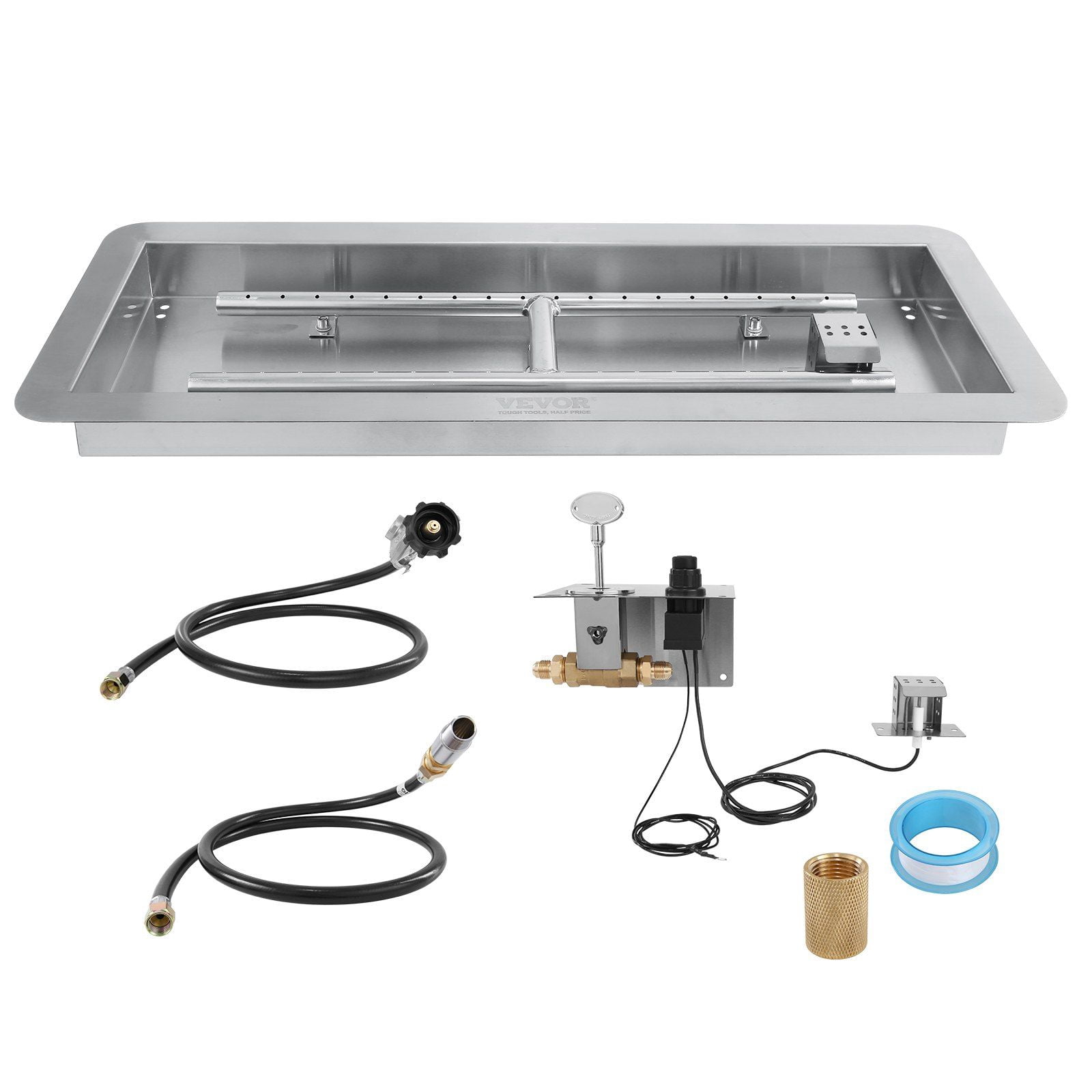 36 x 12 Inch Rectangular Stainless Steel Fire Pit Pan - 150,000 BTU Drop-in H-Burner Kit for Natural/Propane Gas - Indoor & Outdoor Use